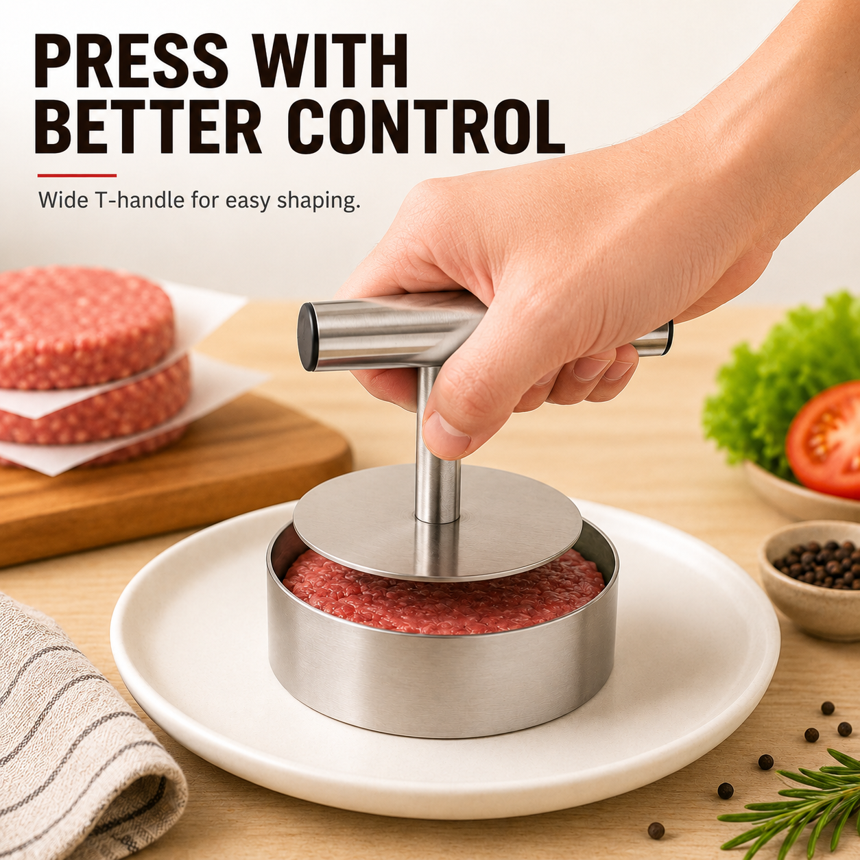 Polished stainless steel patty press plate and T-bar handle details