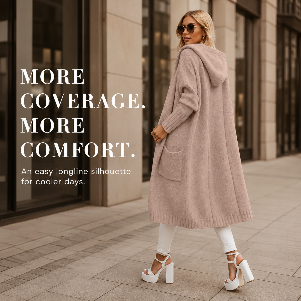 Women wearing longline cardigan for coffee run