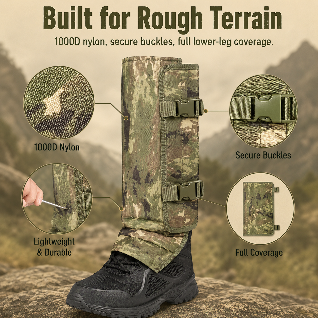 Camouflage and solid black color options of leg gaiters
