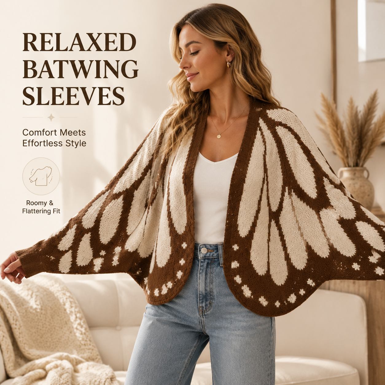 Loose batwing sleeve drape detail on knit cardigan