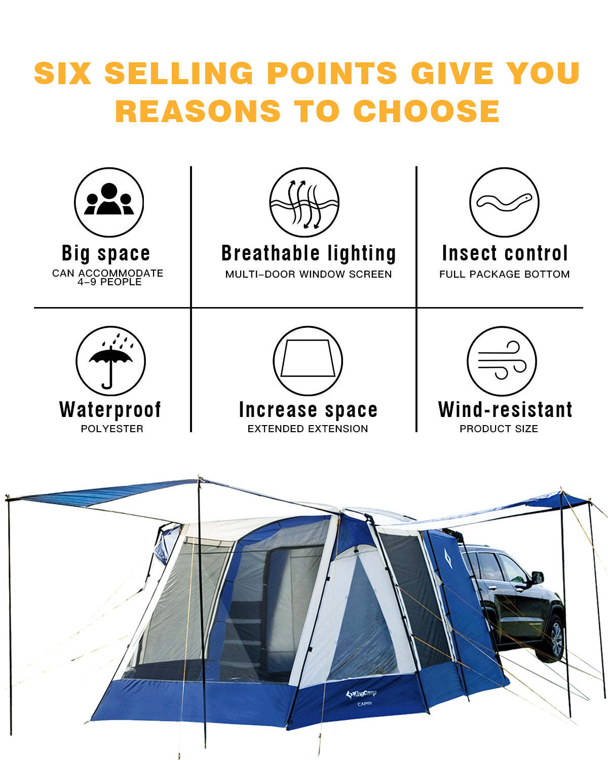 KingCamp Camping Square 3 Season SUV Tent with Screen Room