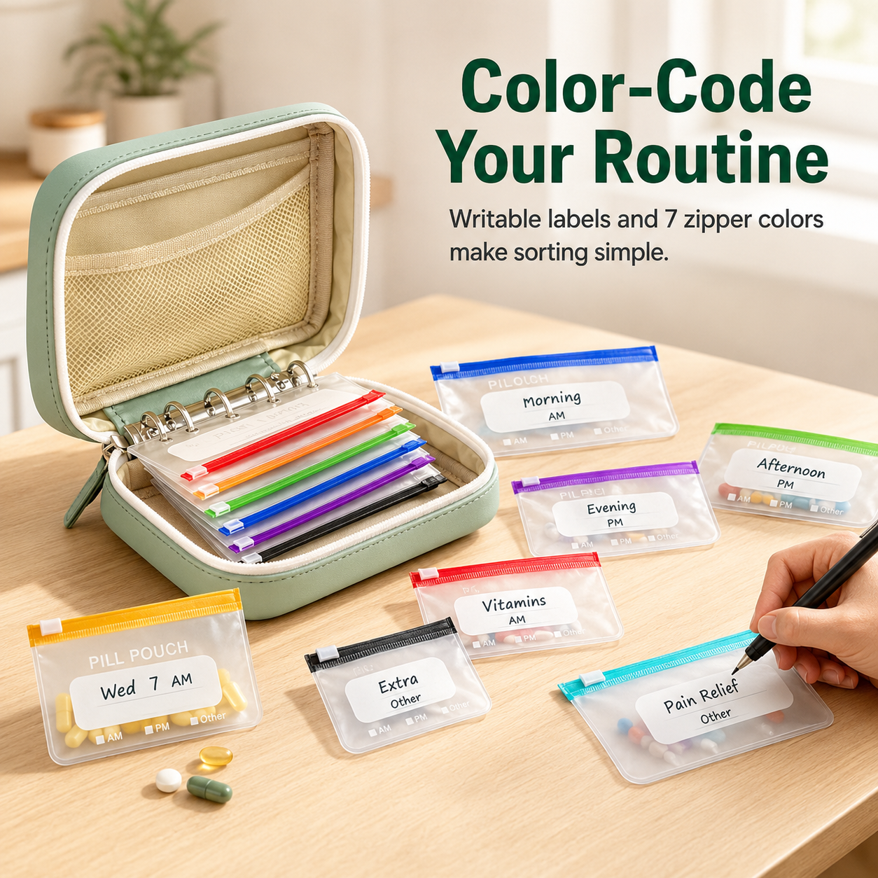 Metal ring binder holding transparent pill pouches together