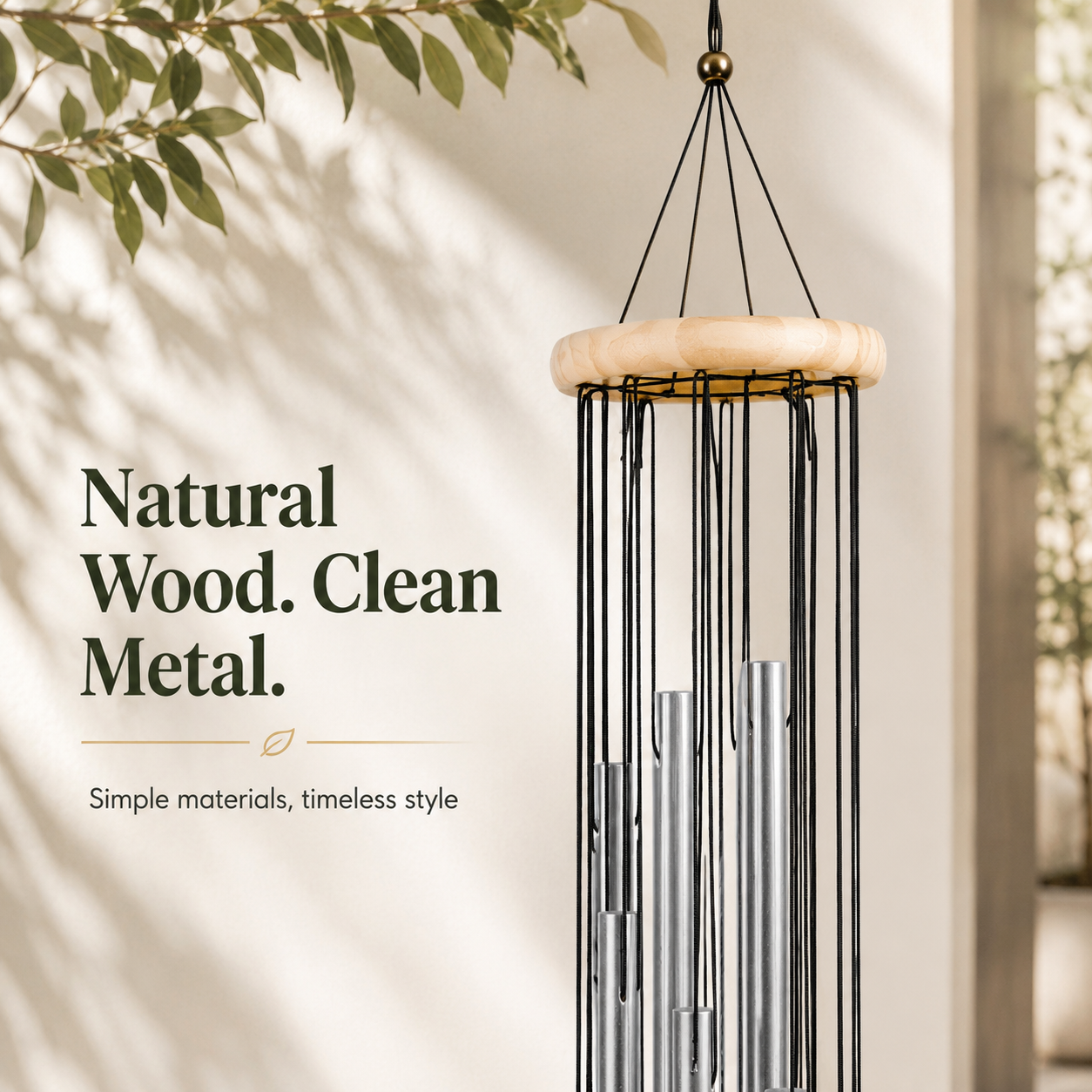 Wind chime hanging in sunroom near open curtain window