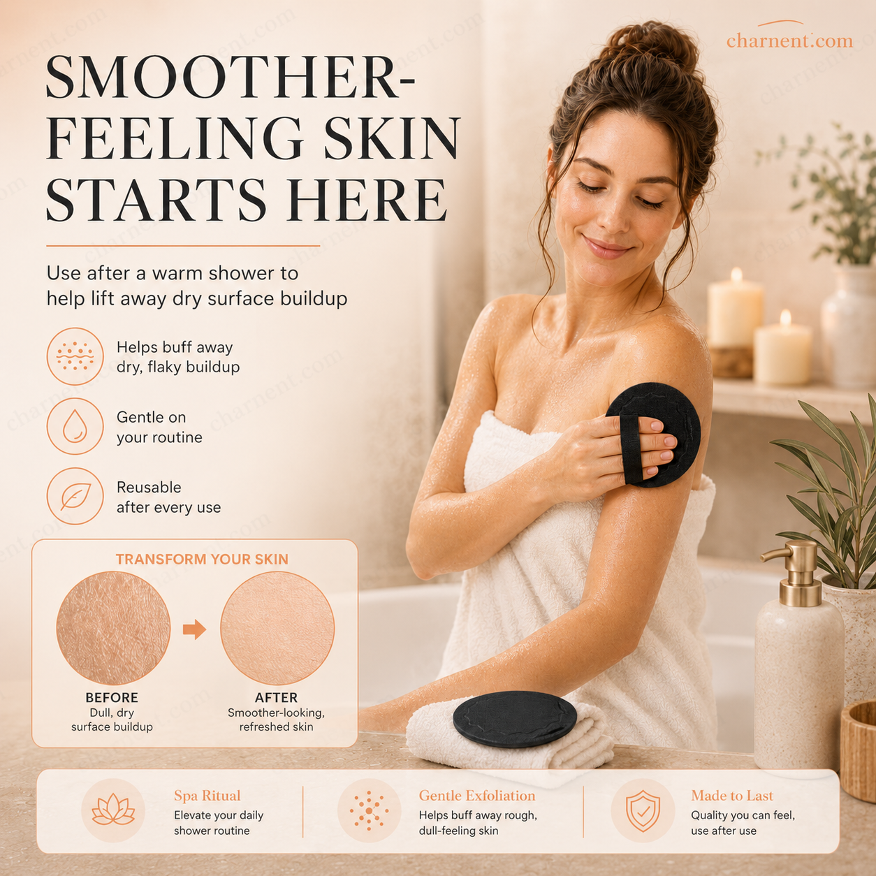 Two style options black exfoliating shower scrub pad horizontal strip and five fingers texture