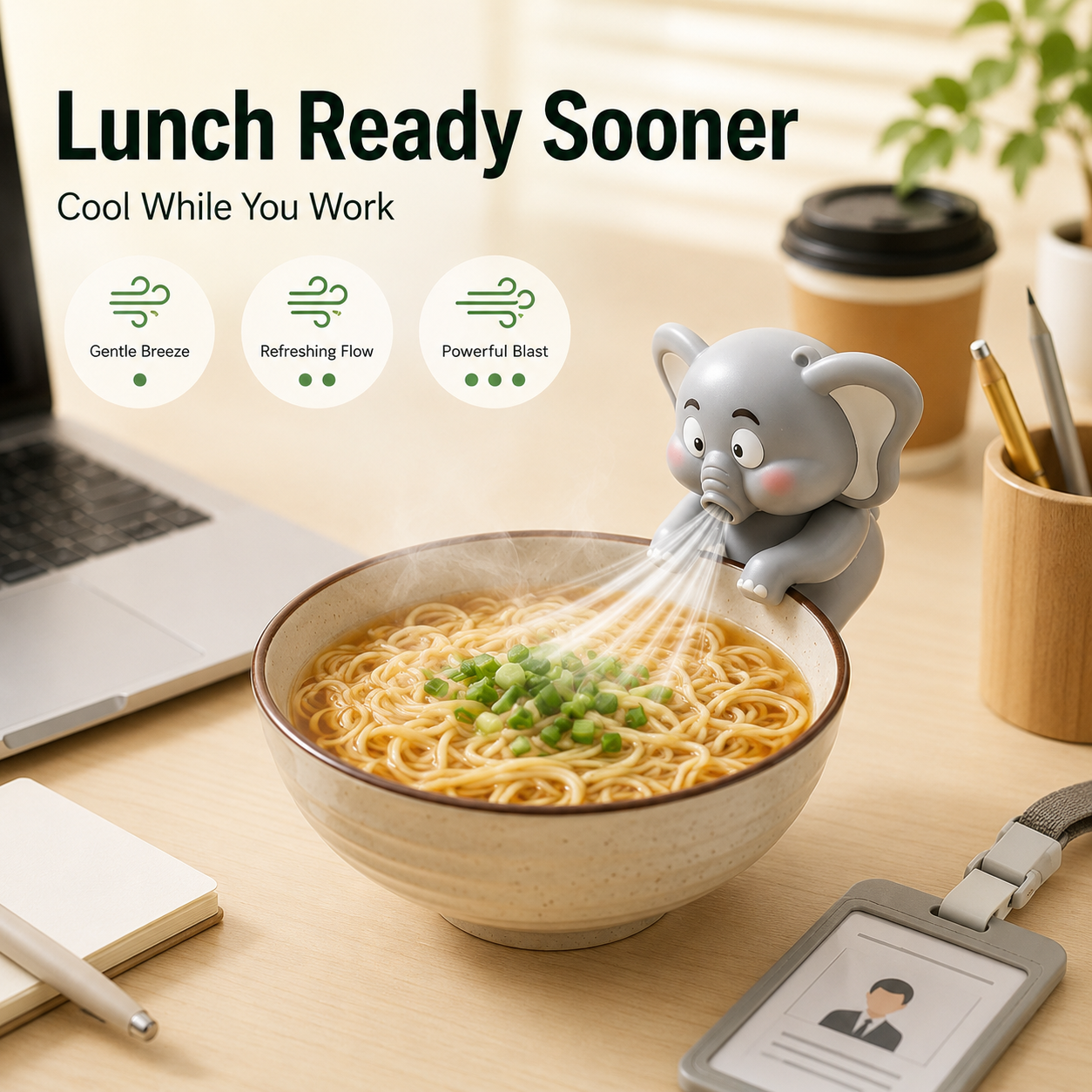 Clip-on fan attached to coffee mug at desk