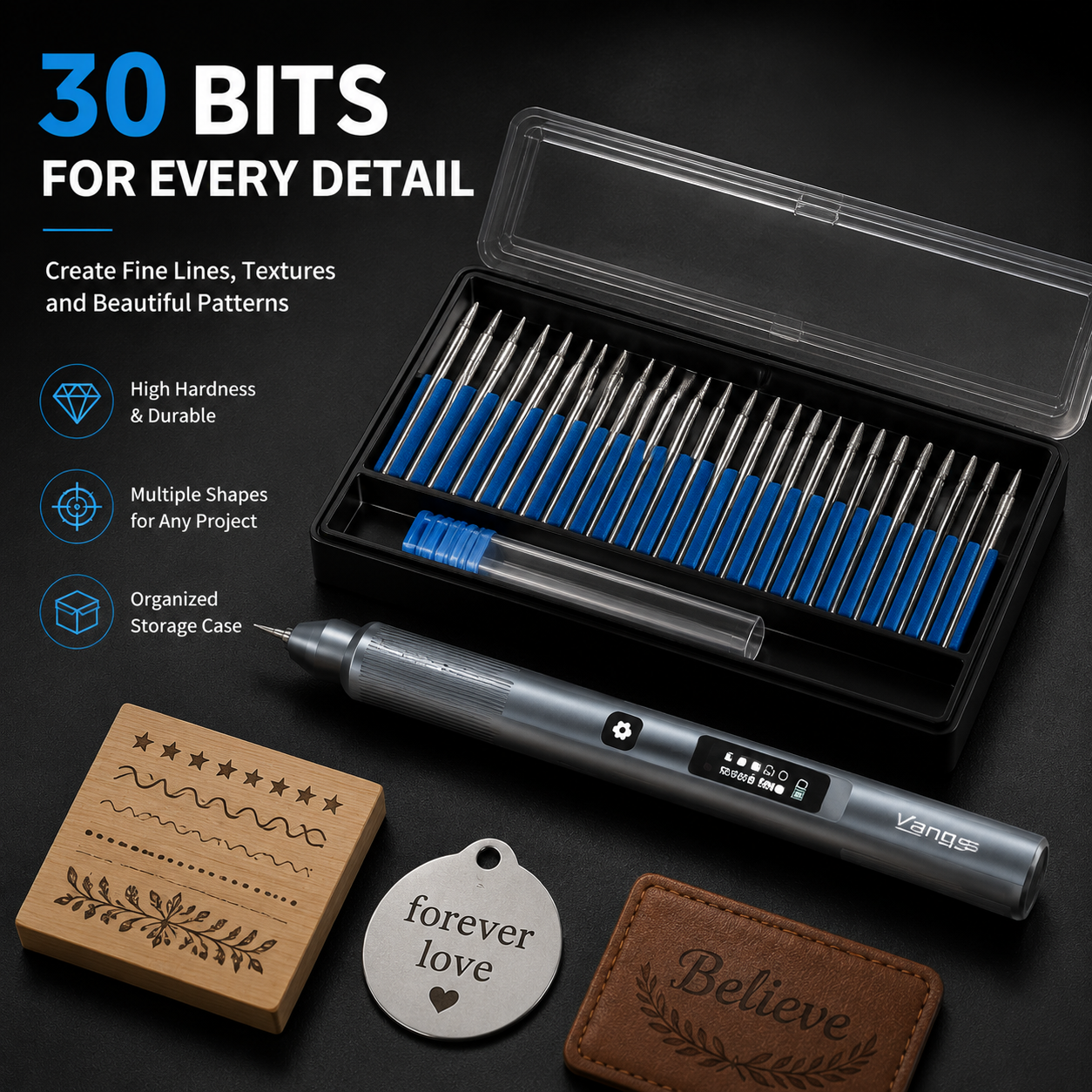 Cordless rechargeable engraving pen main profile view with accessories