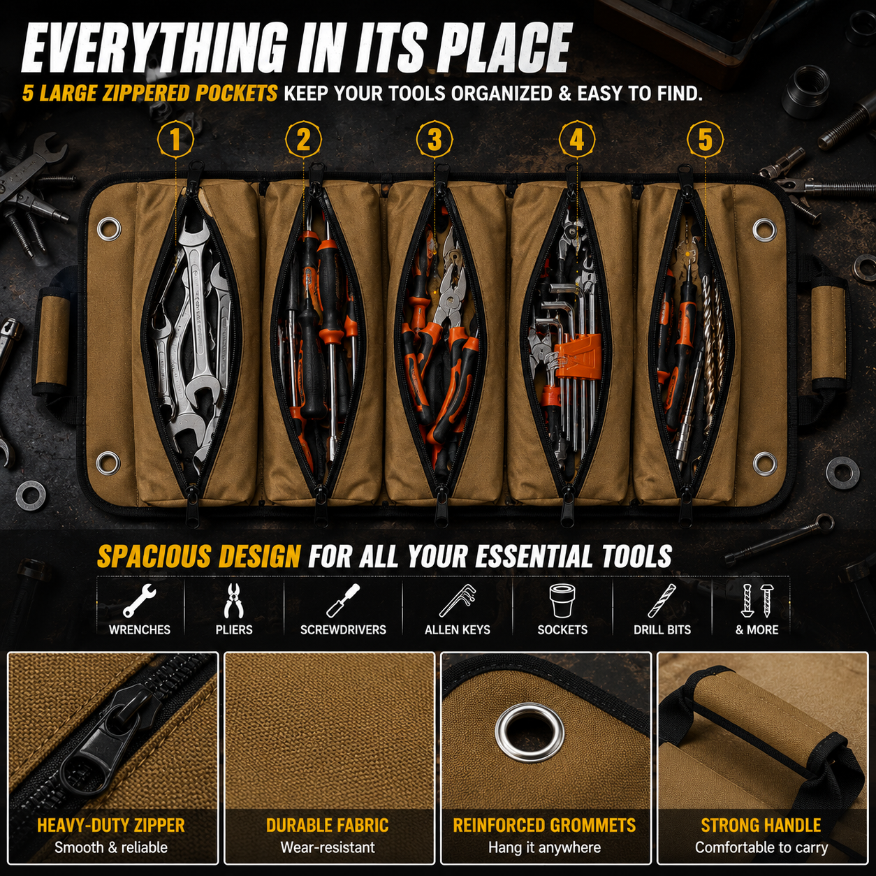 Heavy-duty roll-up tool bag ready to carry