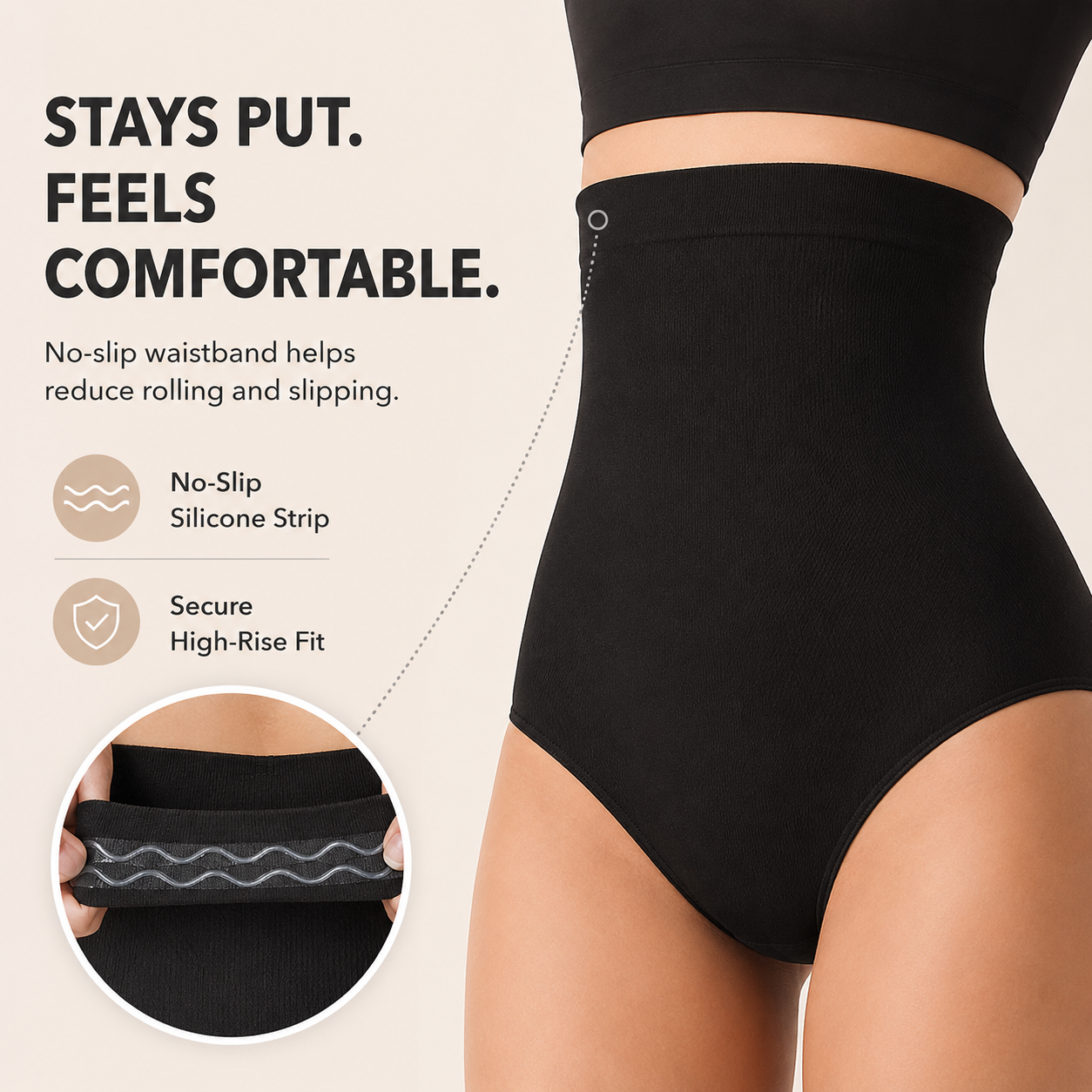 Anti slip silicone waistband detail on shaping panty