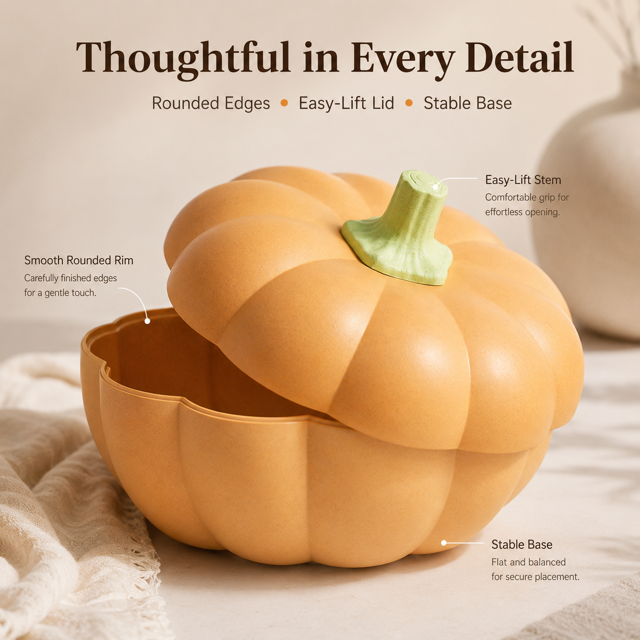 Close look of pumpkin handle stem and smooth curved rim