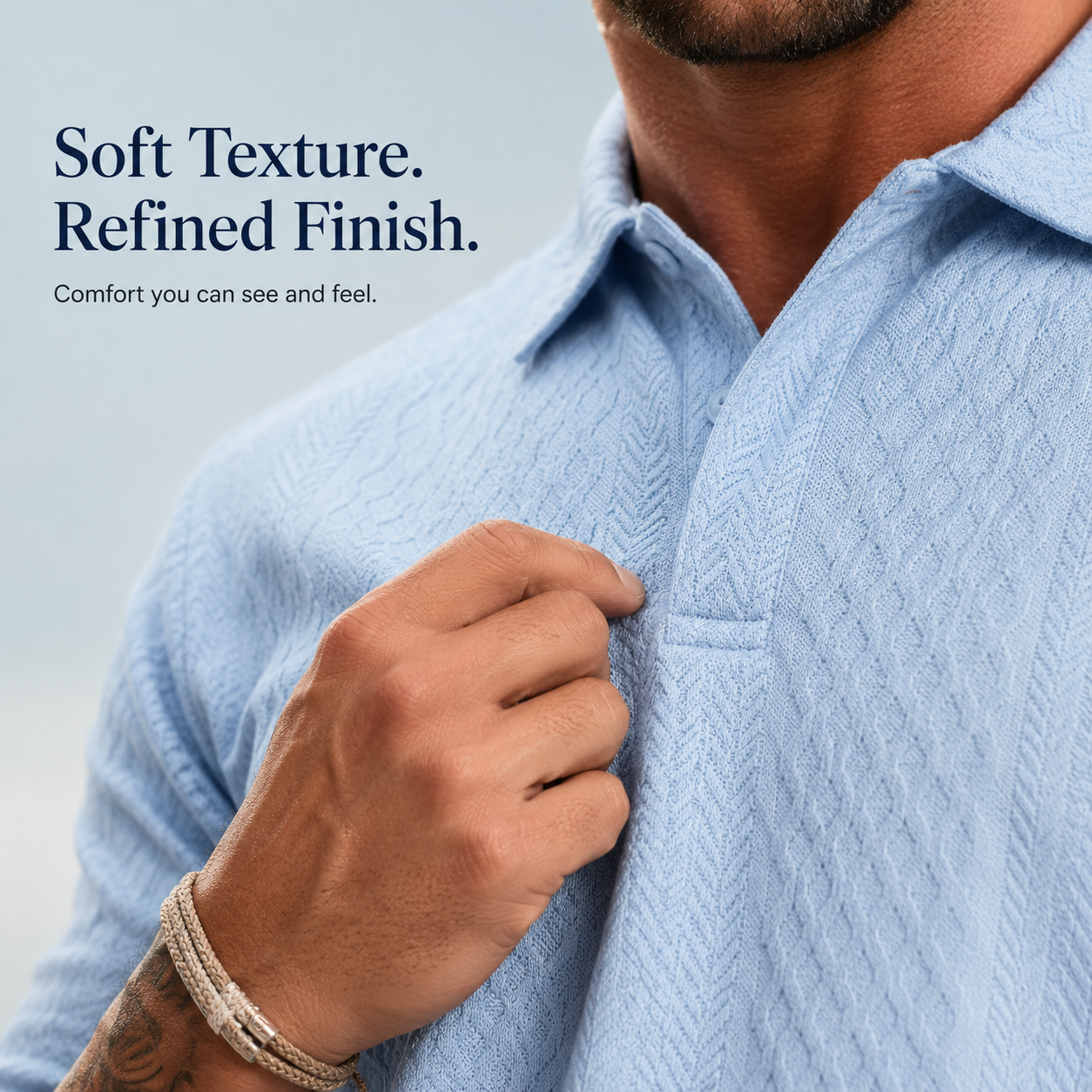 Polo shirt collar and button opening close up detail
