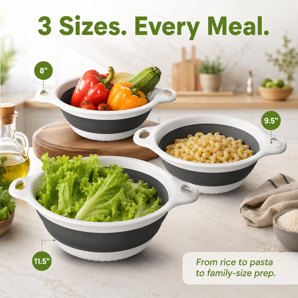 Dishwasher-safe collapsible colander set stacked together