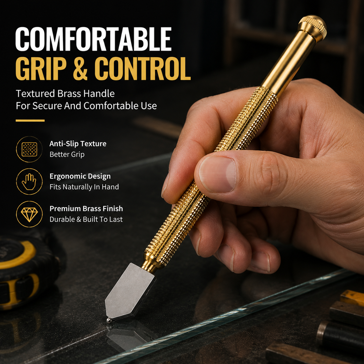 Glass cutter tool placed alongside glass tools in workshop