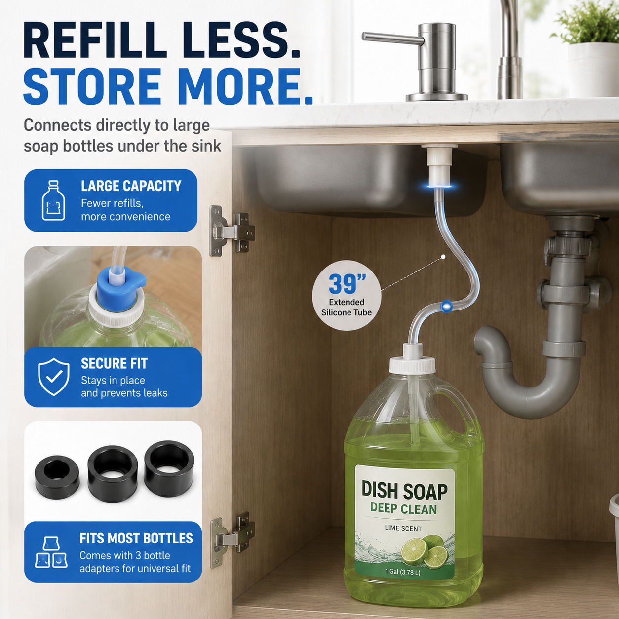 Messy countertop vs clean sink with built in dispenser comparison