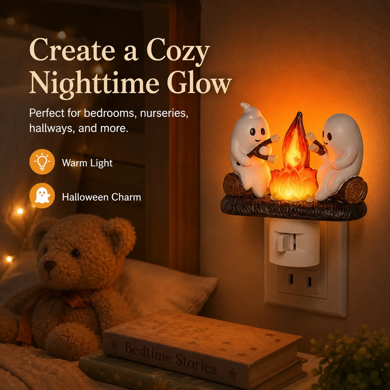 Ghost campfire flickering nightlight glowing on wall outlet