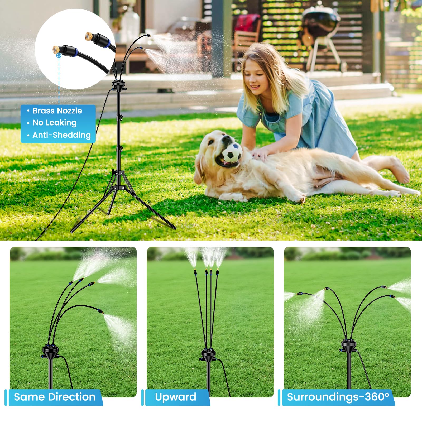 Four adjustable misting nozzles for outdoor cooling