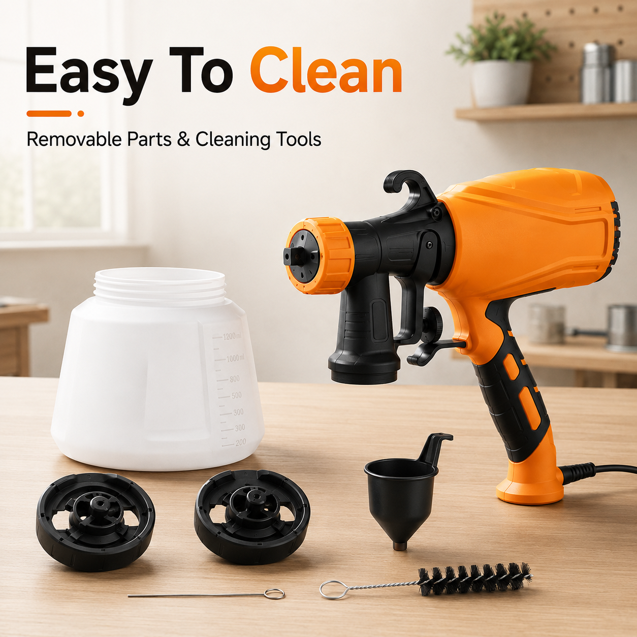 Painting outdoor wooden fence and garden shed with electric sprayer