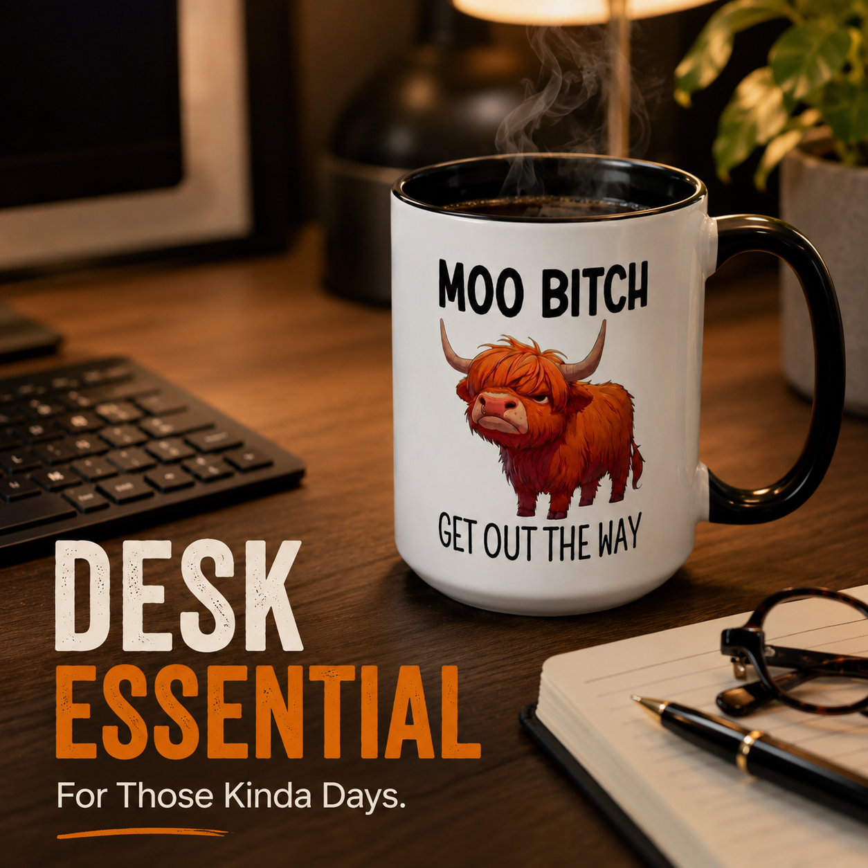 Grumpy Highland cow coffee mug close-up artwork and text