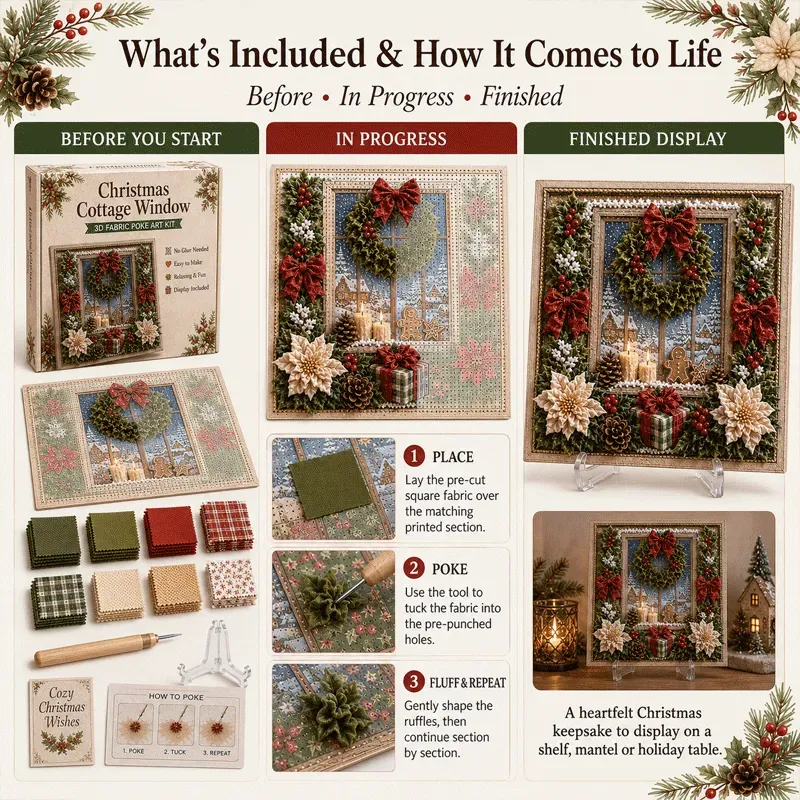 Finished 3D Christmas fabric poke art displayed on mantel with holiday lights
