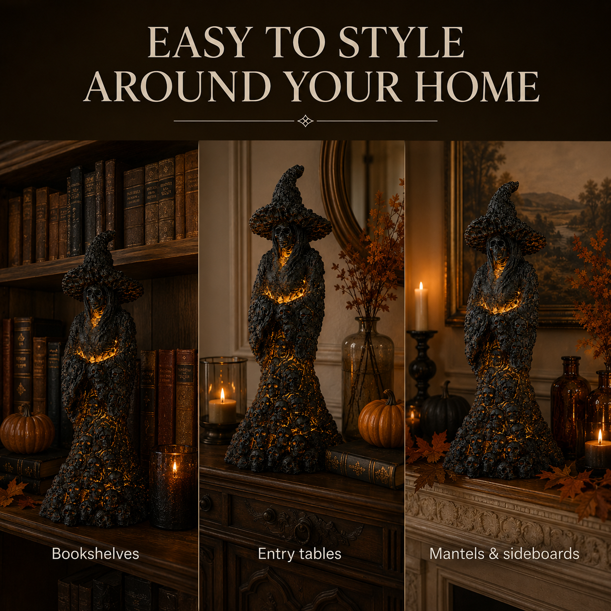 Ivory bone color tone witch statue layout