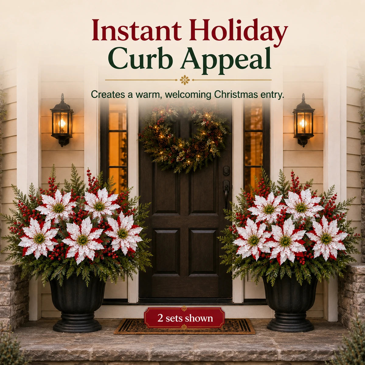 Christmas poinsettia planter inserts decorating two porch planters