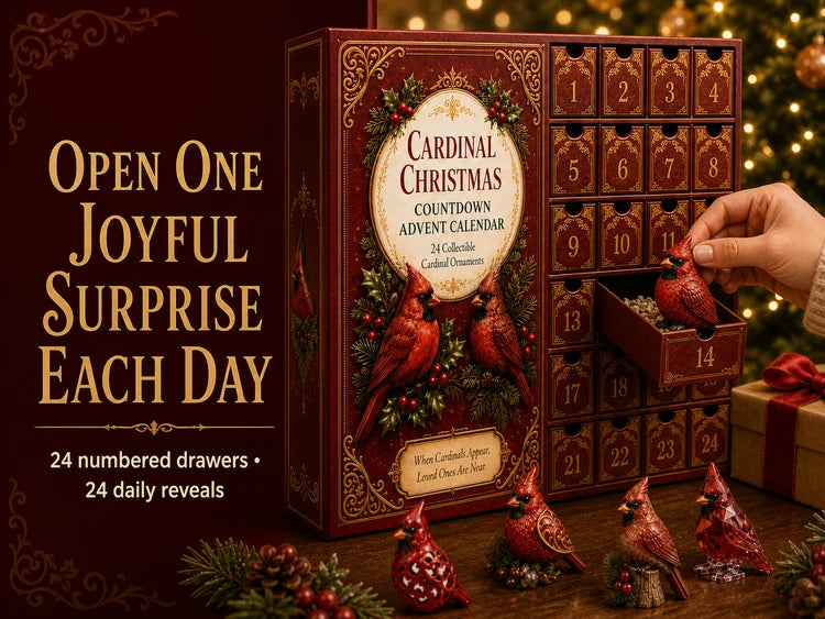 Book style cardinal advent calendar with 24 drawers