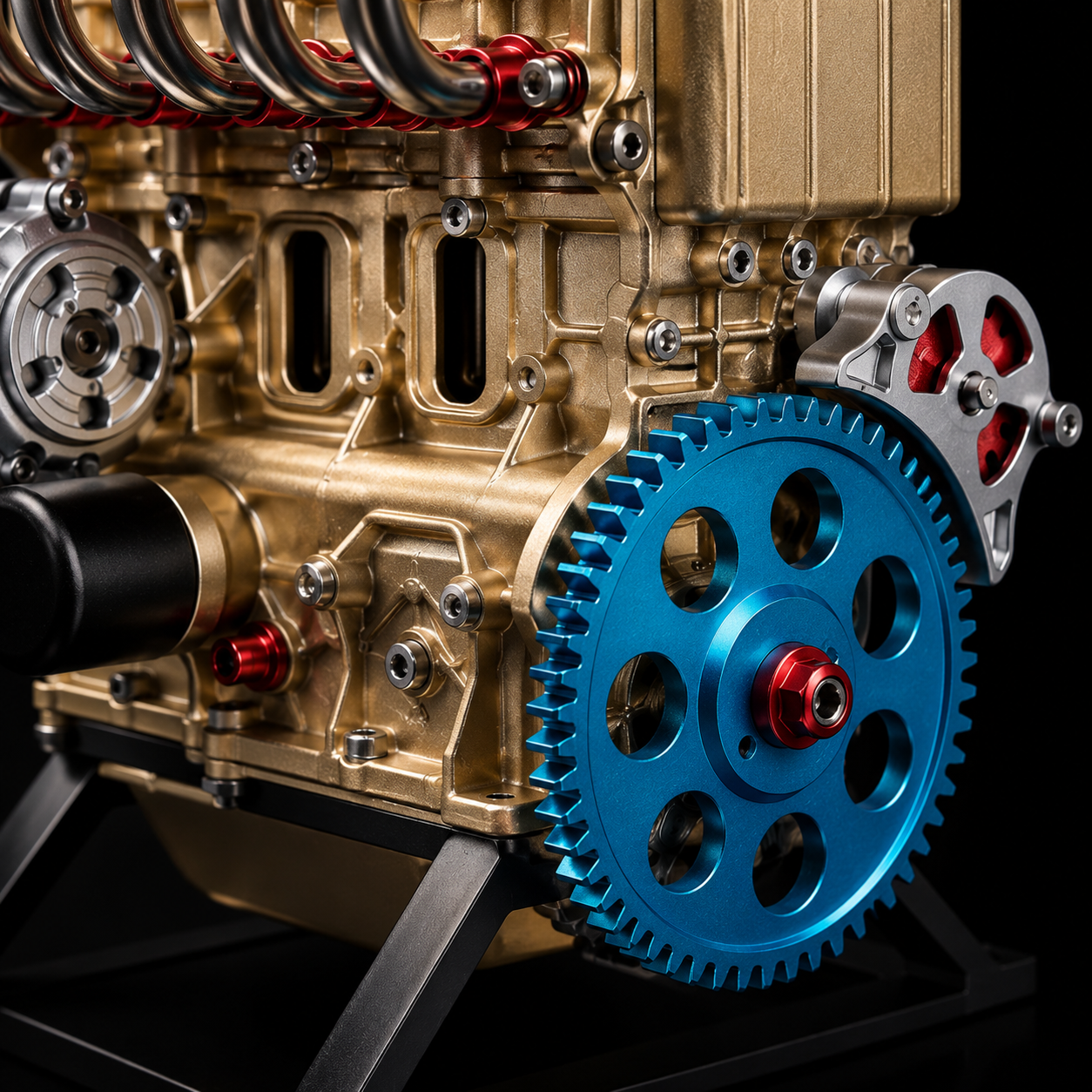 V8 engine metal model displayed in automotive workshop setting