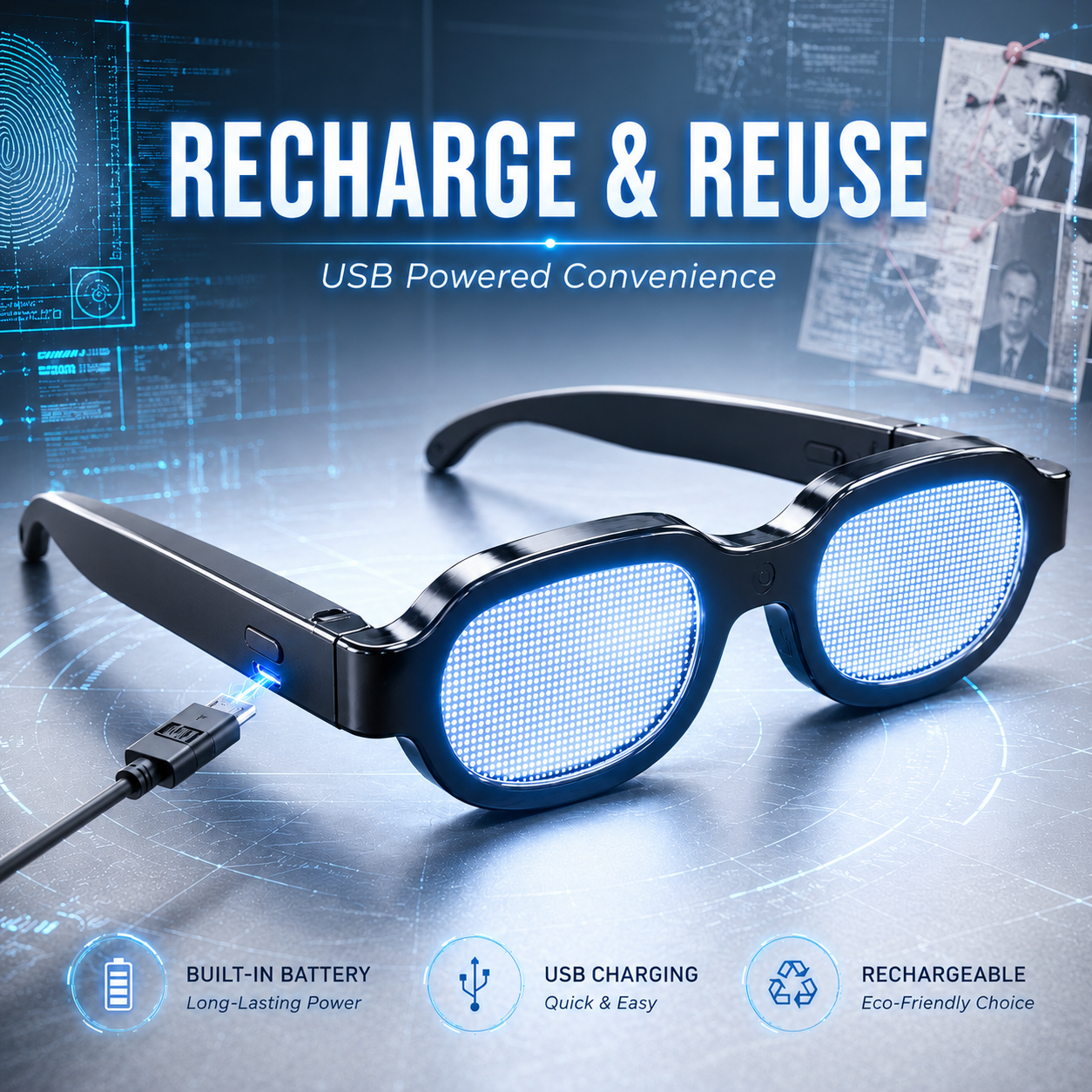 USB charging port on glasses temple arm close look