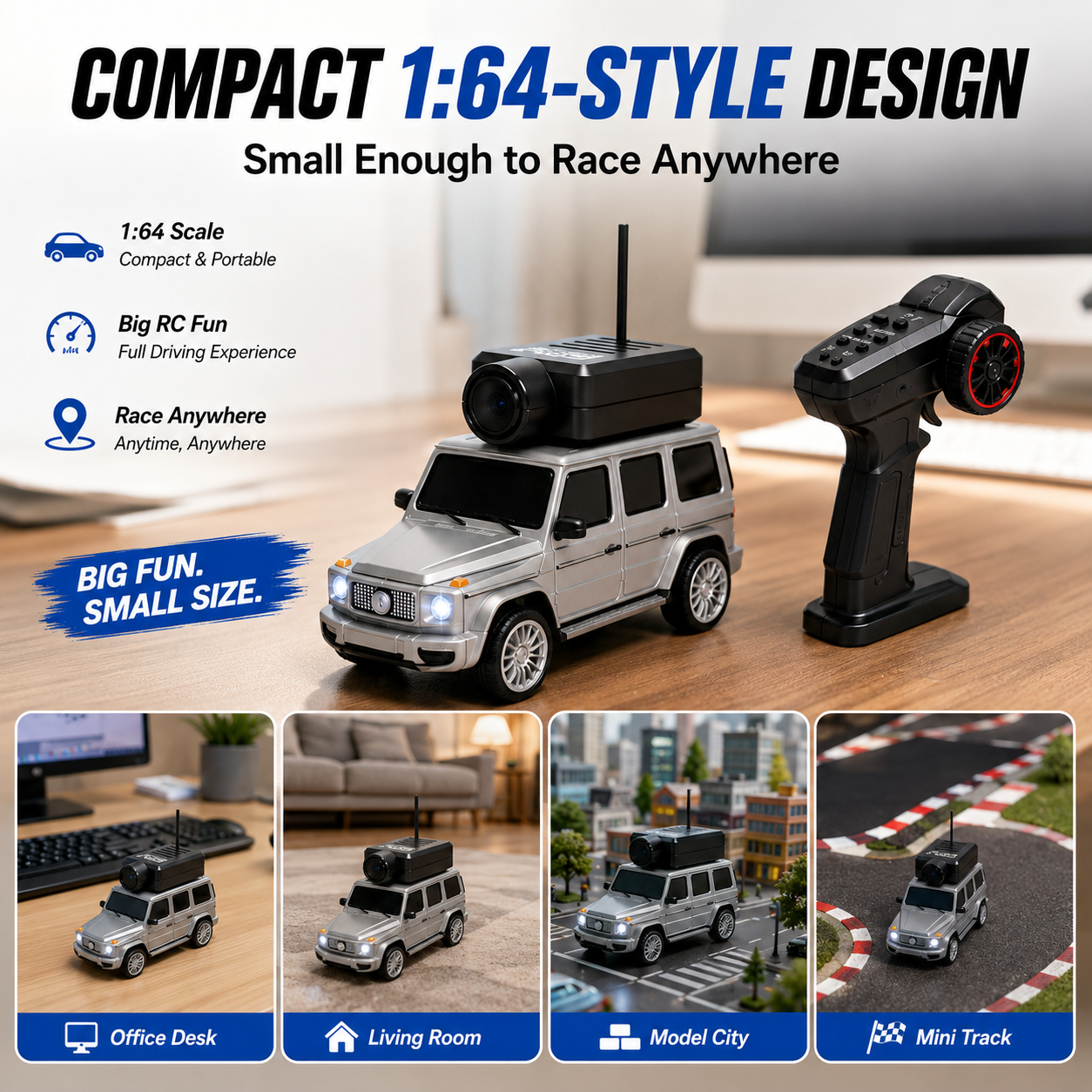 Compact Mini FPV car for desks and indoor tracks
