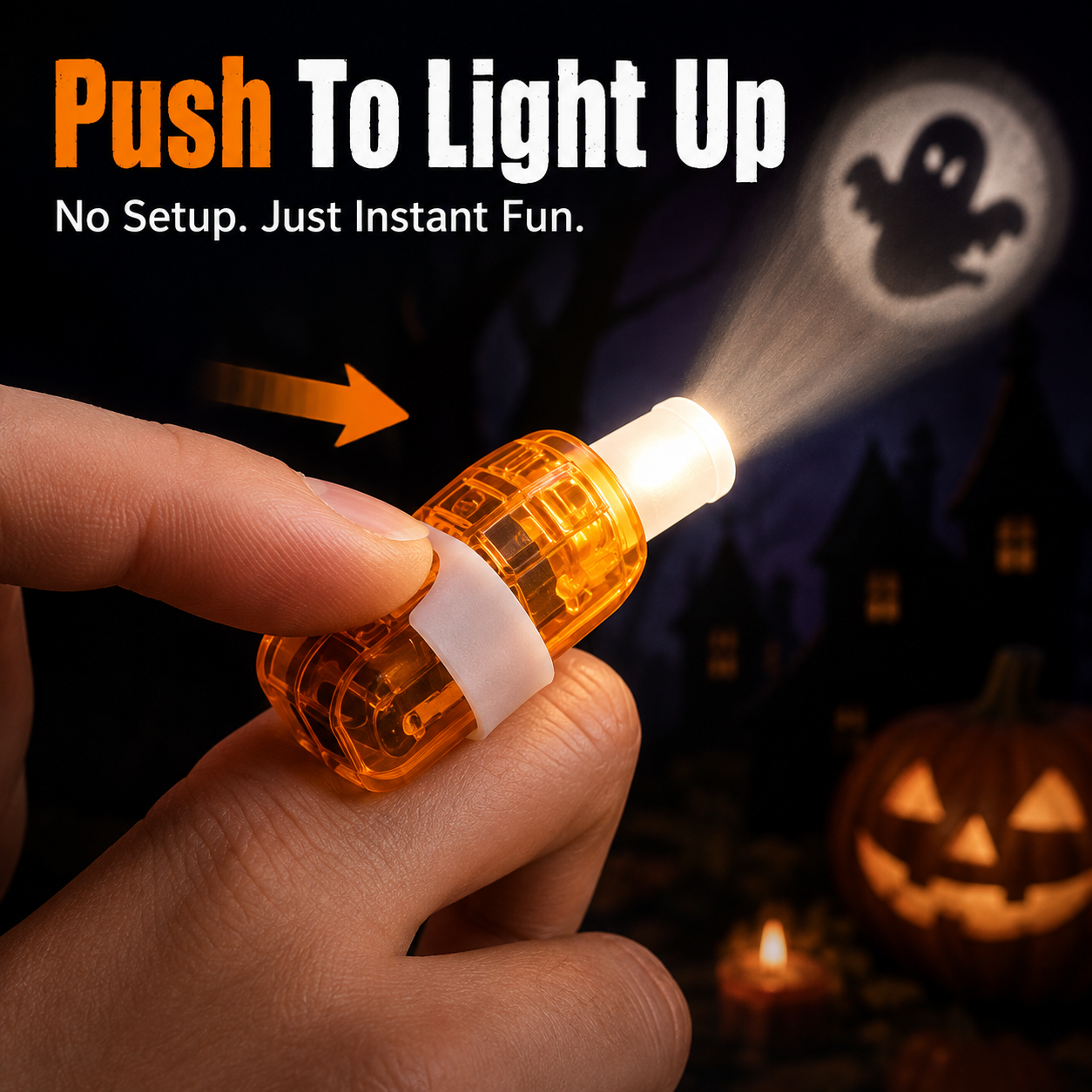 Step by step usage guide showing how to switch on and wear finger light