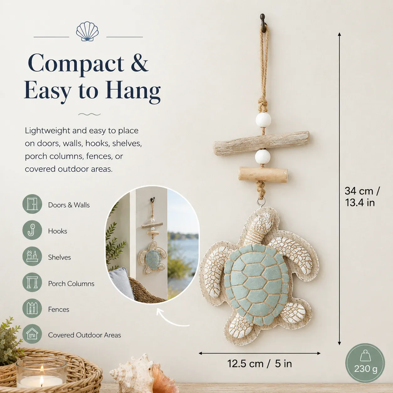 Coastal sea turtle hanging decor size display