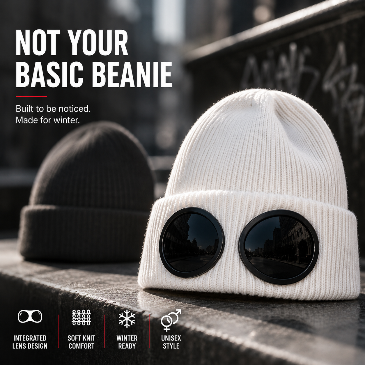 Side view of goggle beanie showing dark lenses shine and ribbed knit texture