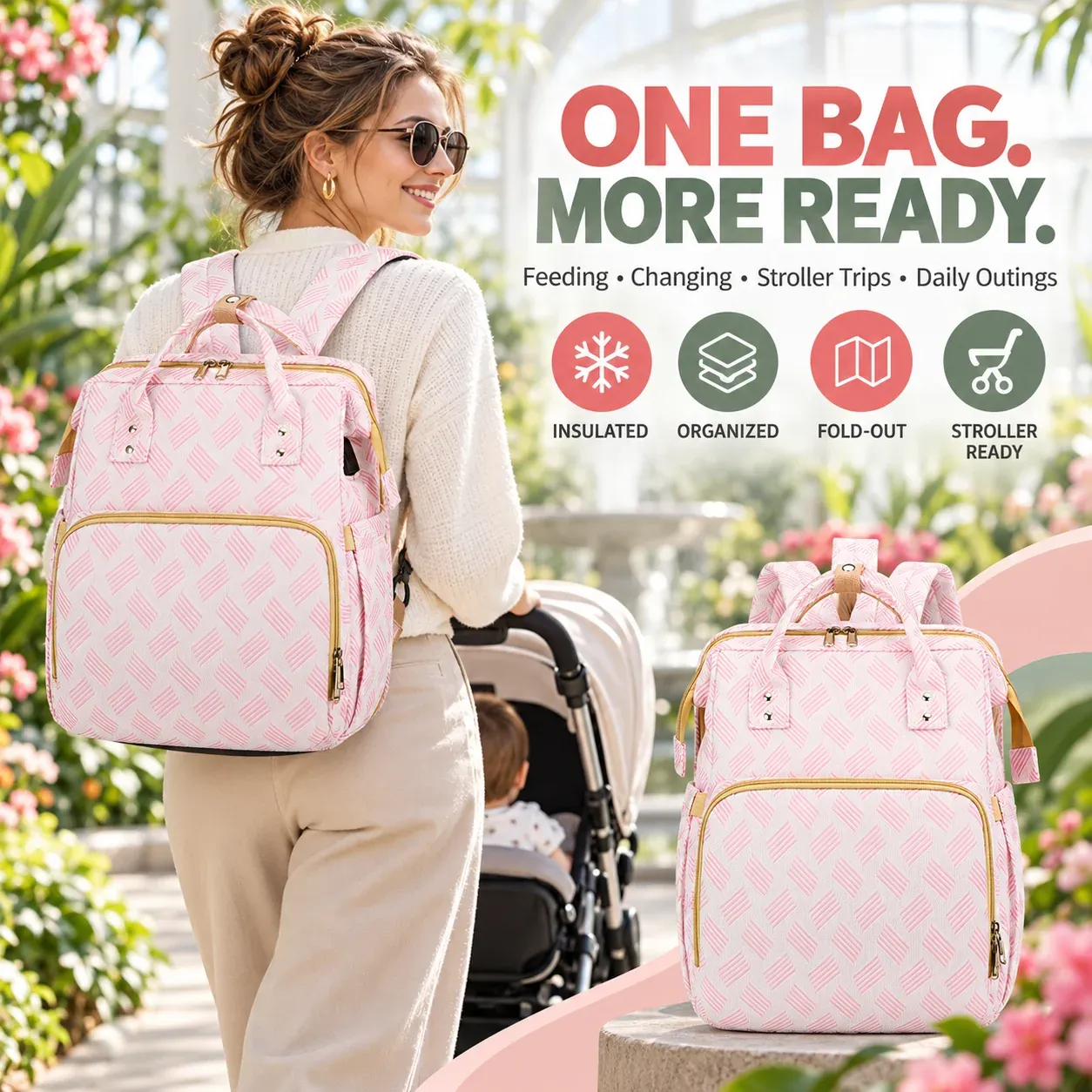 Overview of the diaper backpack's multiple storage and travel features