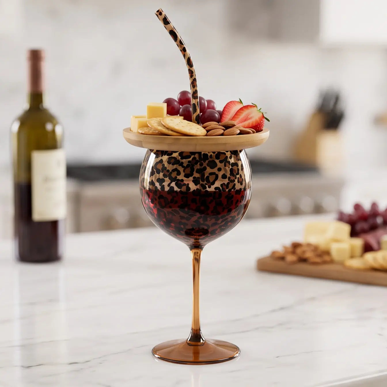 Leopard Wine Glass with Bamboo Snack Tray