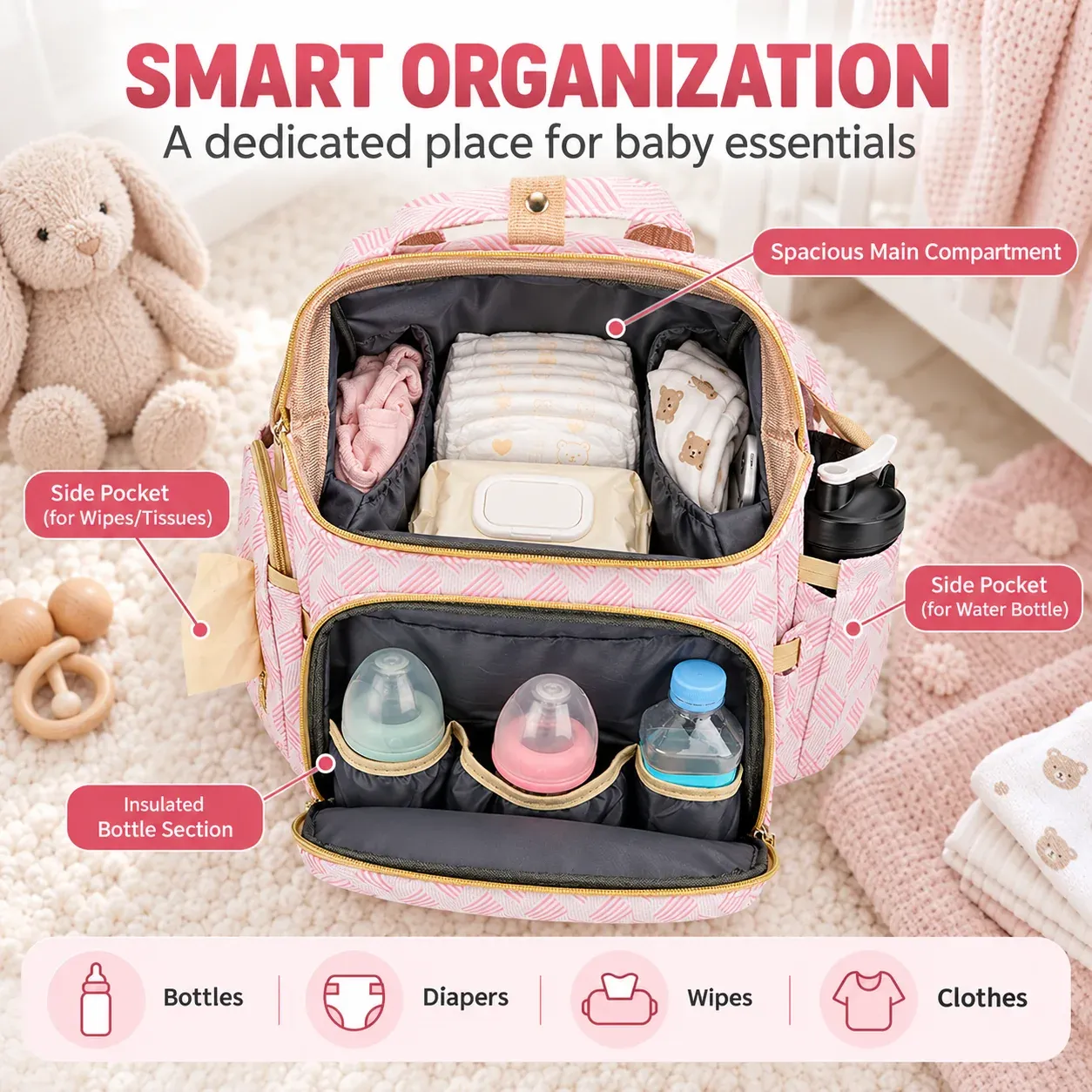 Insulated bottle section and storage compartments