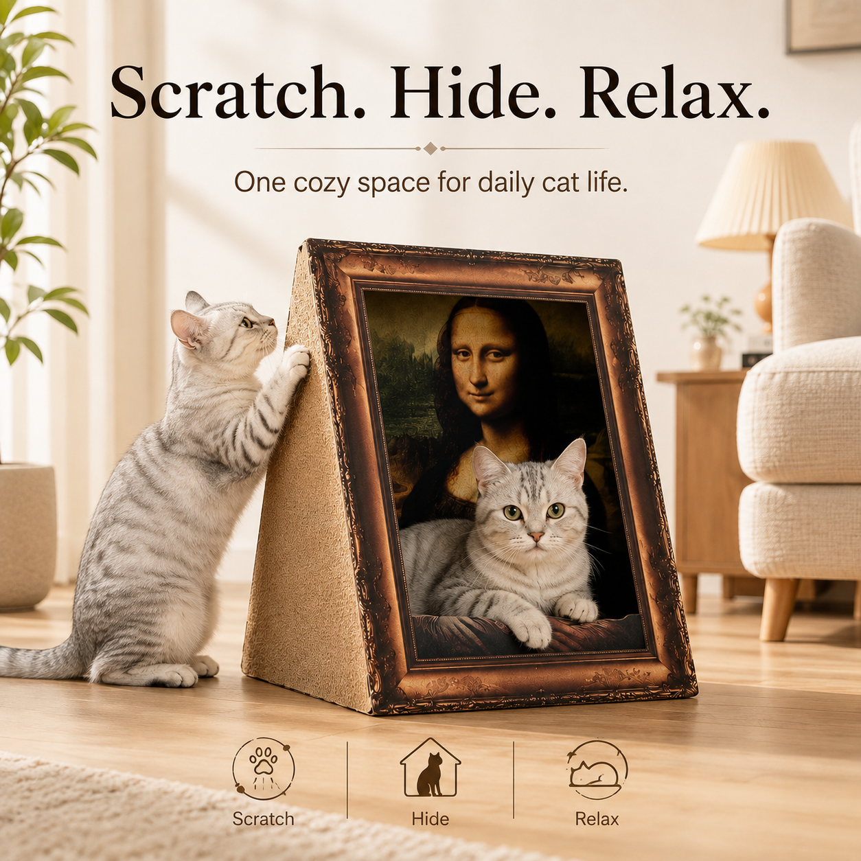 Cats exploring the art portrait cardboard cat house