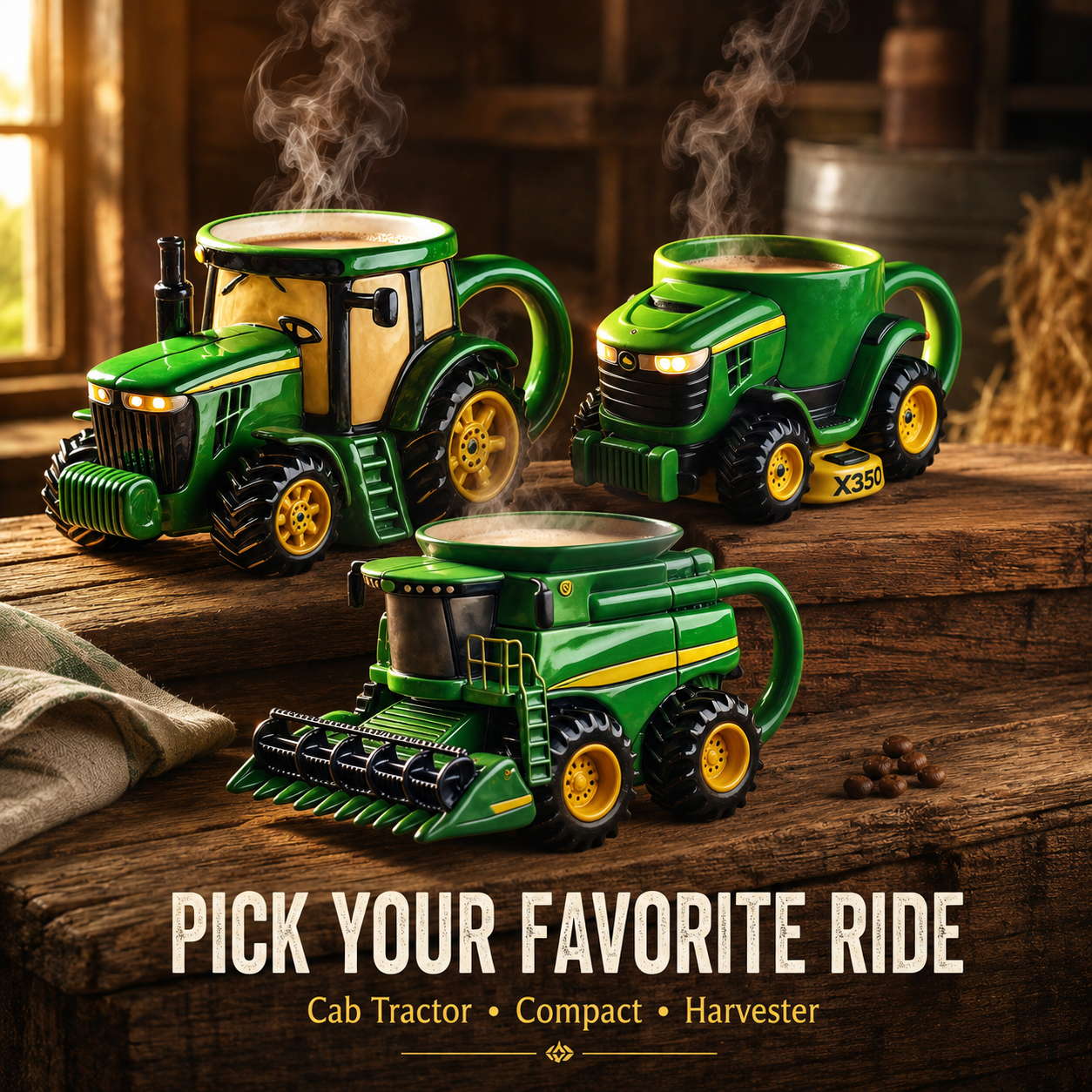Farm vehicle mug displayed as rustic kitchen shelf decor