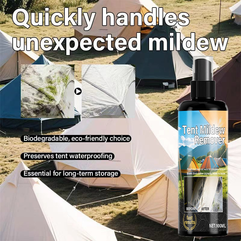Mildew stain cleaner working on outdoor tent fabric