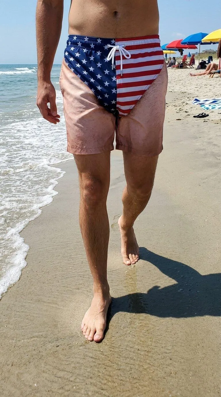 Funny patriotic swim trunks lifestyle photo