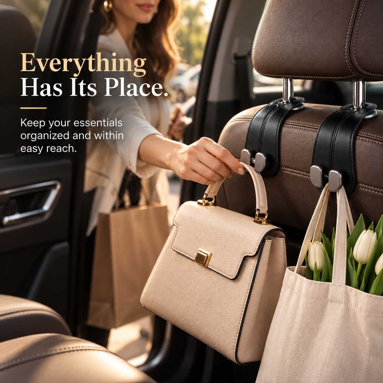 car headrest organizer preventing bags from falling inside car