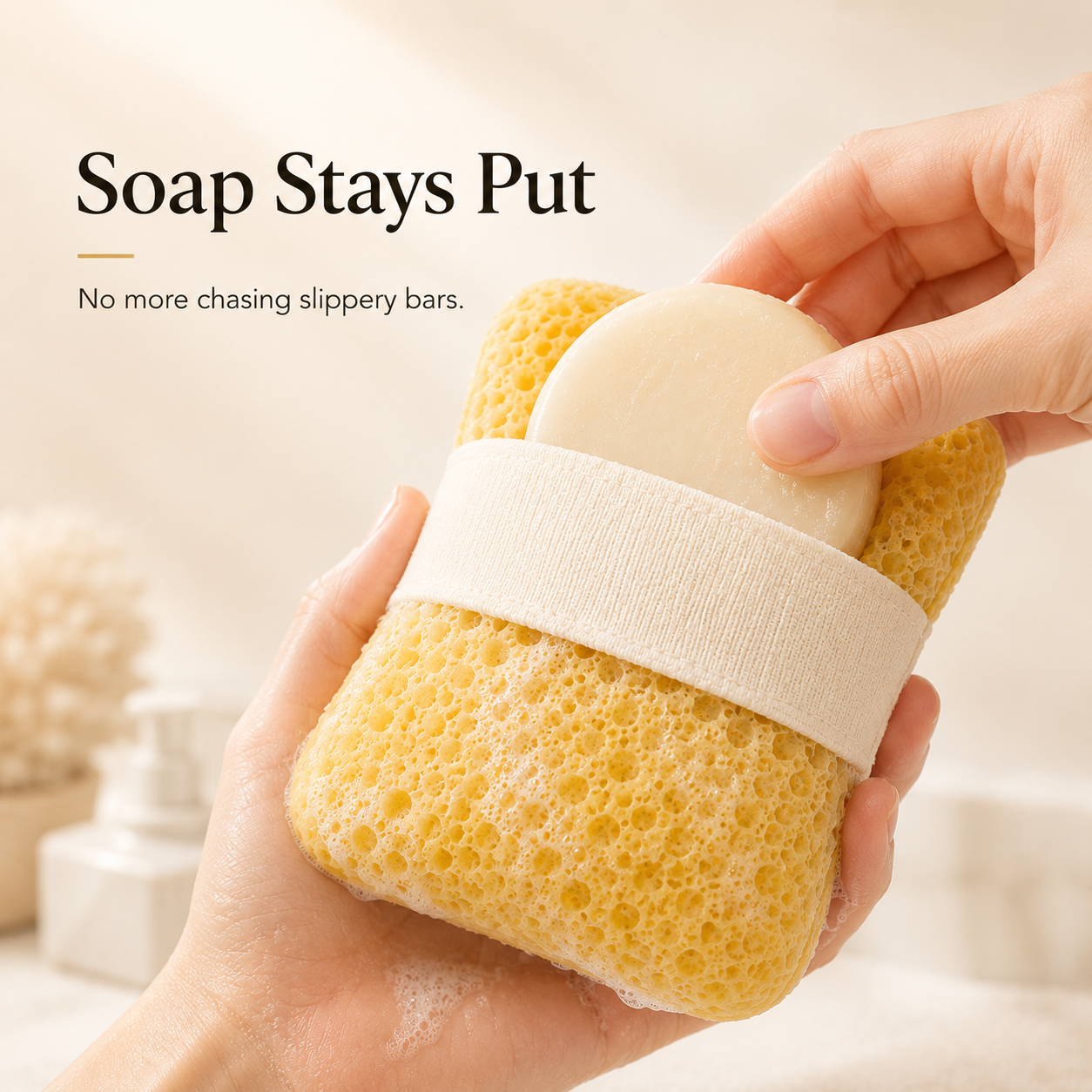 Holding bath sponge with elastic hand strap across palm
