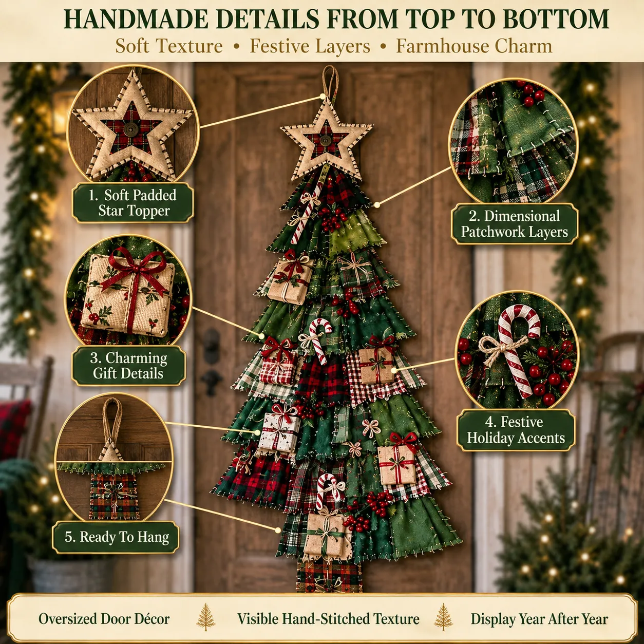 Layered fabric branches with stitched details and bows close up