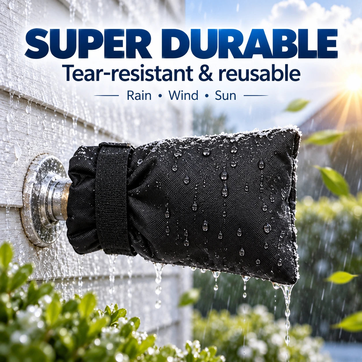 Reusable waterproof outdoor faucet cover with water beading on the Oxford fabric