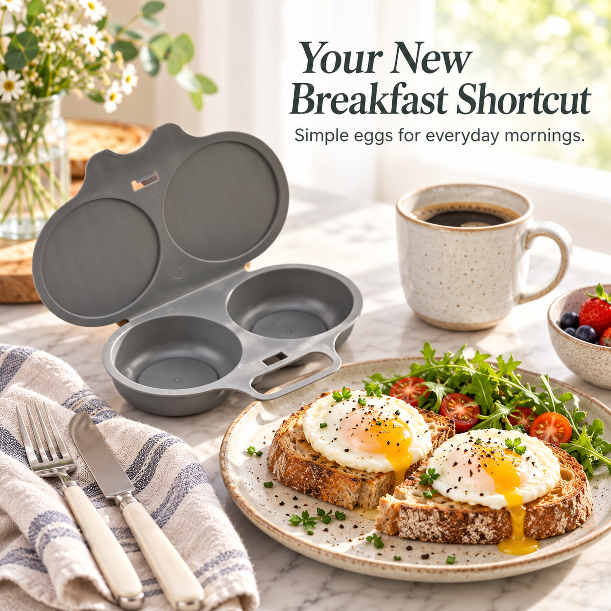 Double-cavity microwave egg poacher with perfectly cooked poached eggs