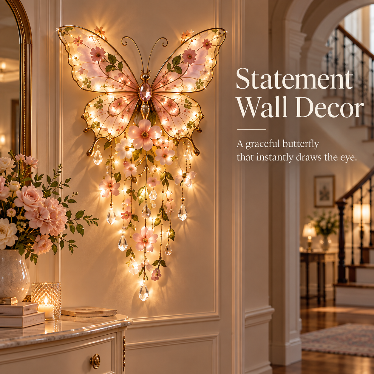 Statement butterfly wall decor with warm light