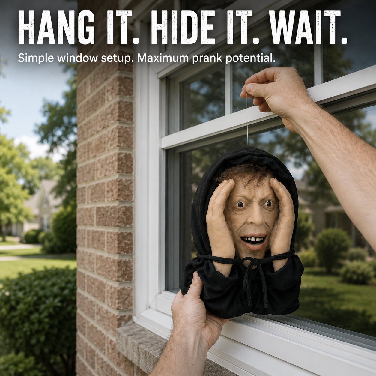 Creepy face appearing behind the window for a Halloween scare