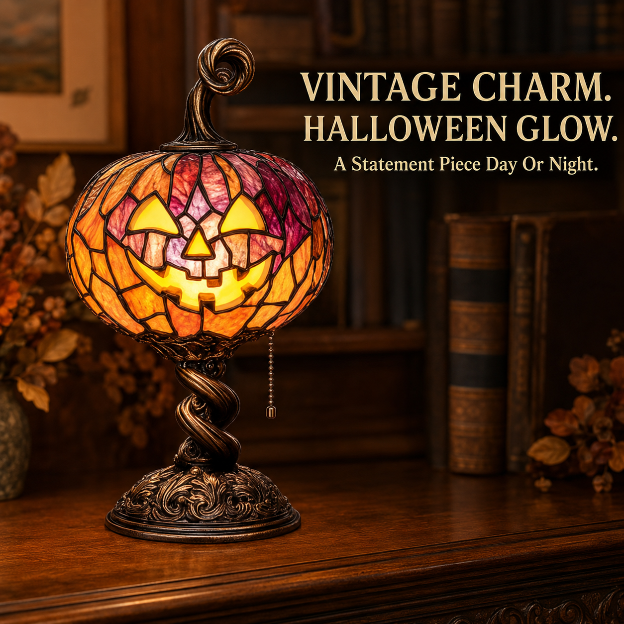 Close-up of pumpkin lamp mosaic shade glowing
