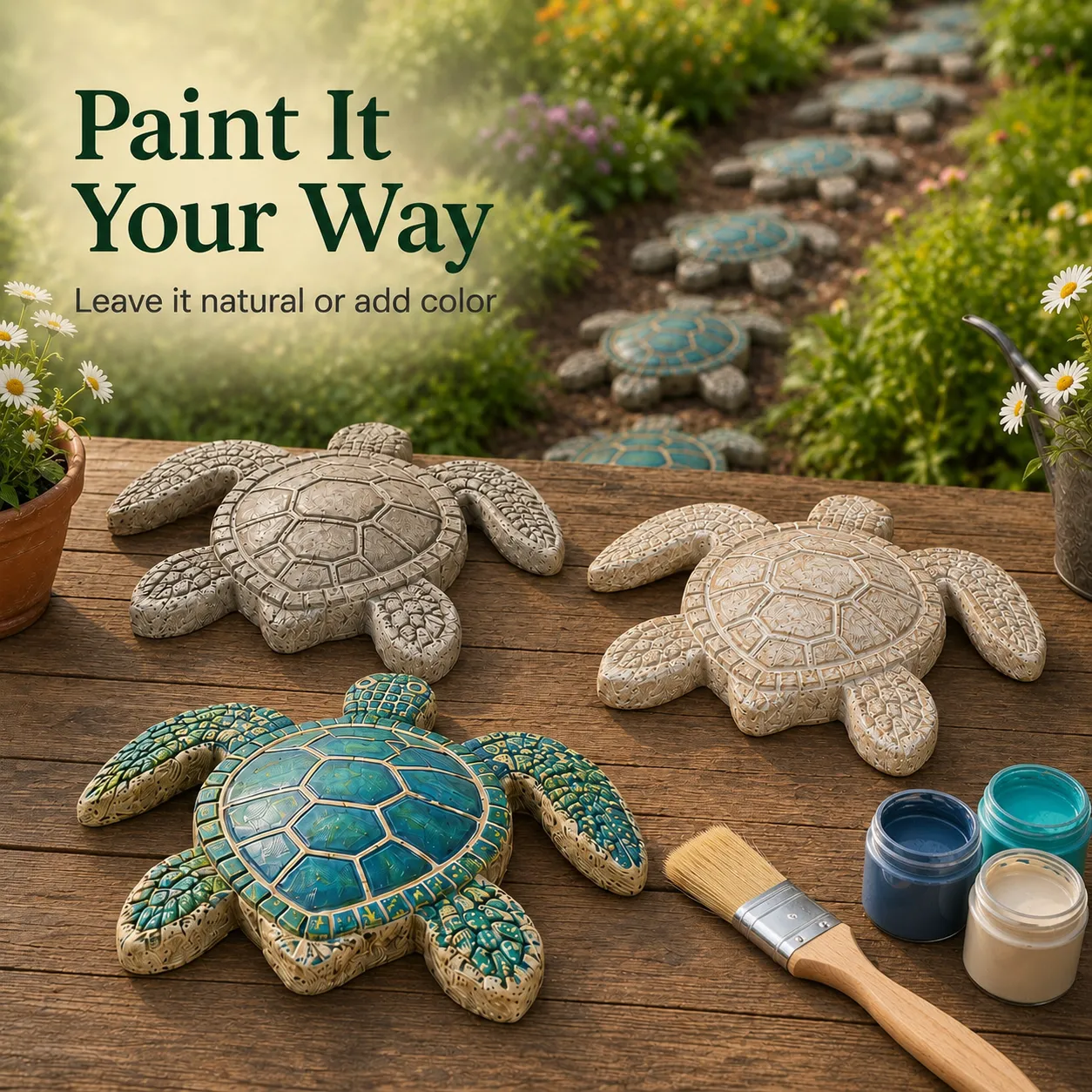 Painting concrete sea turtle stone with vibrant outdoor acrylics