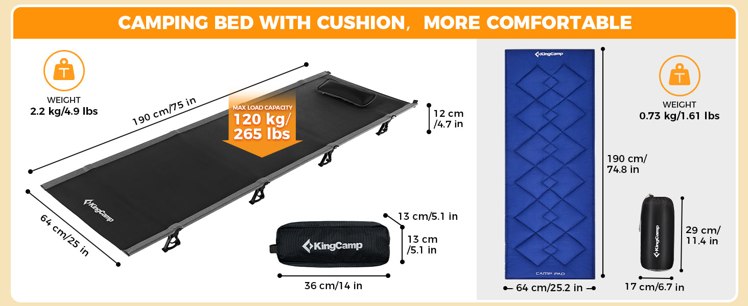 KingCamp Ultralight Camping Cot & Padding Set