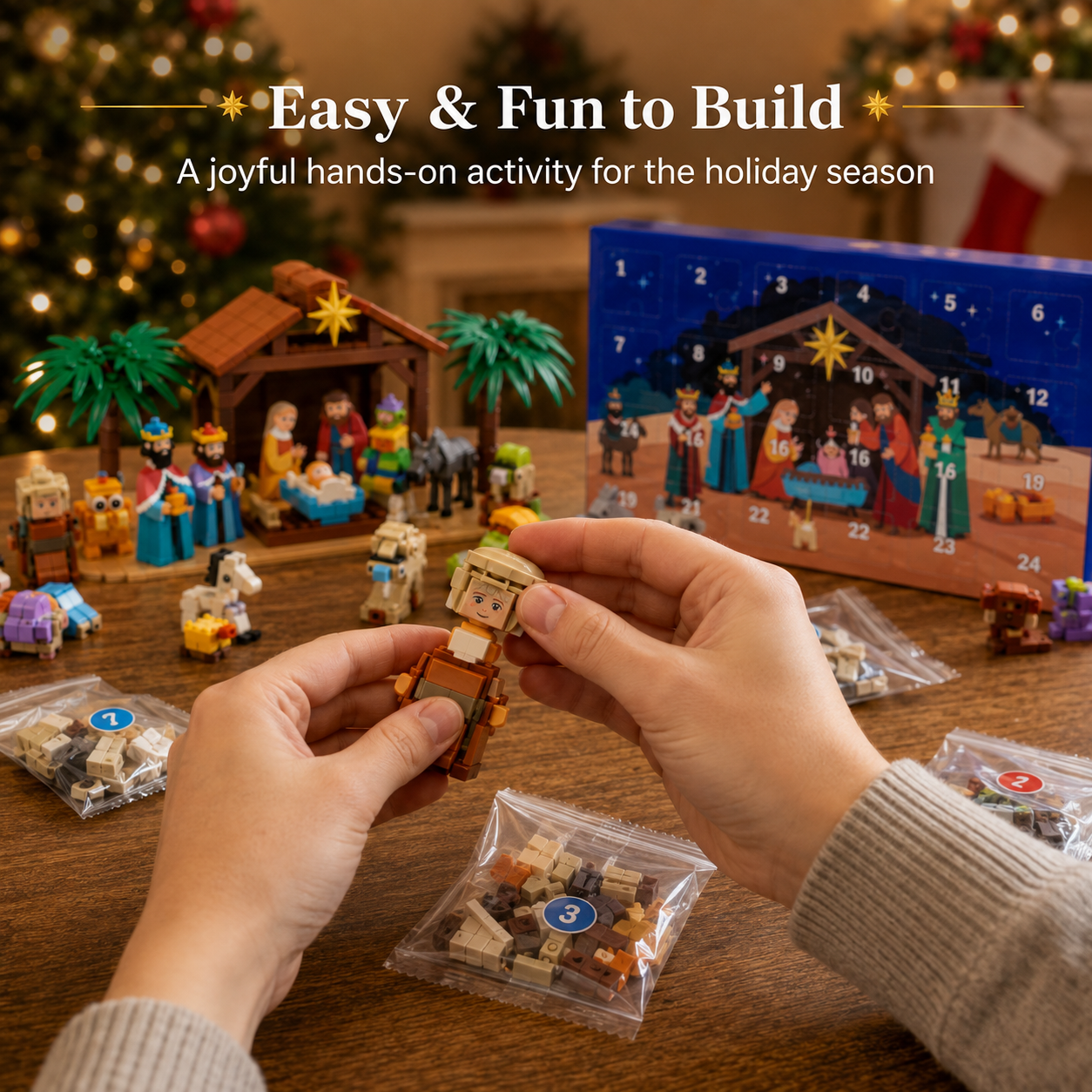 Hands assembling a mini Christmas Nativity building block figure