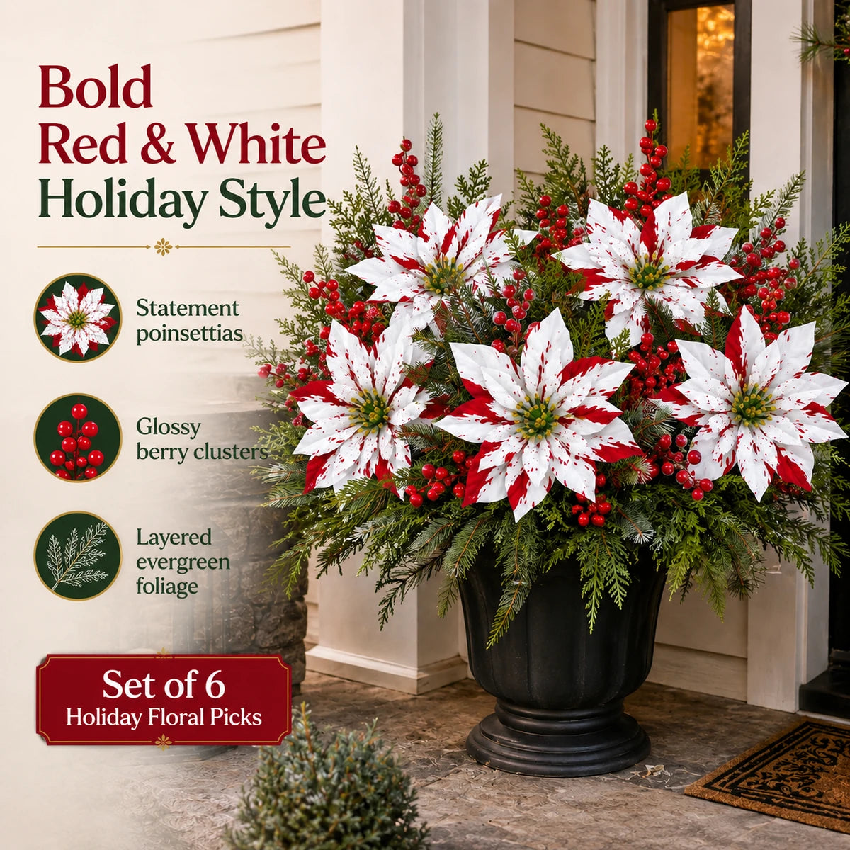 Red and white poinsettia holiday planter arrangement close view
